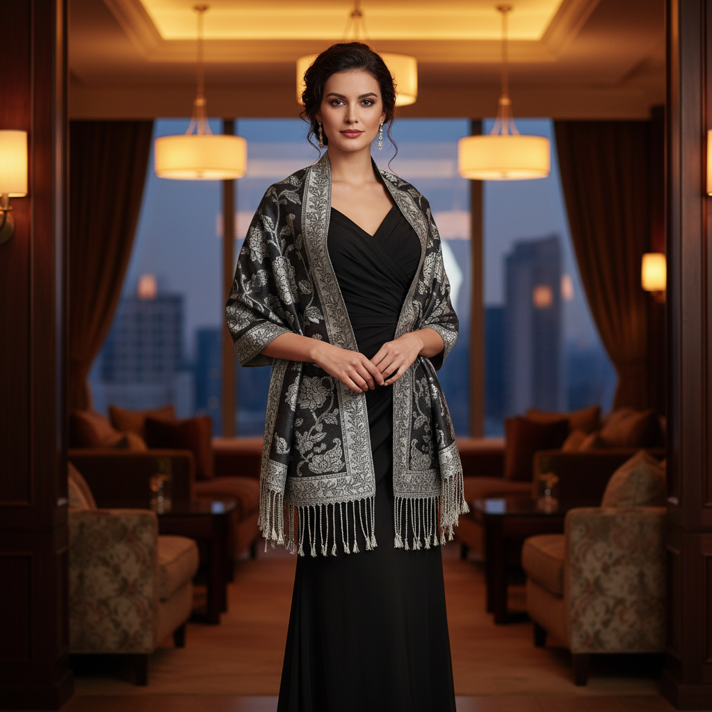 Woman wearing black white silver paisley jacquard shawl as evening wrap draped over shoulders with black dress