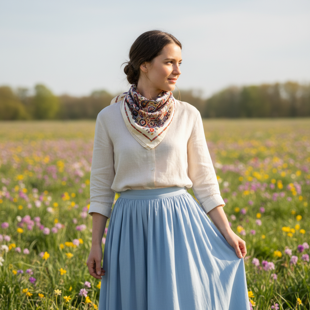 Woman wearing cream paisley satin scarf as a neck wrap in a spring wildflower field