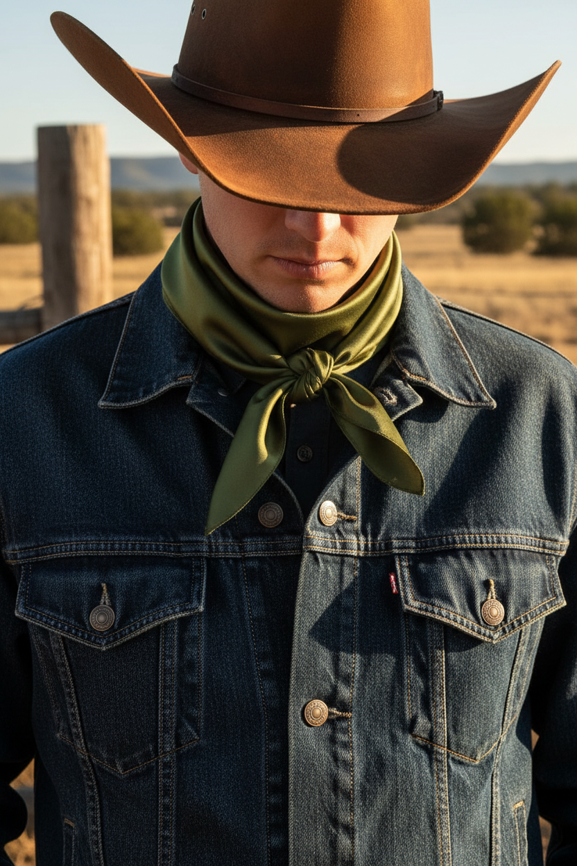 Olive green wild rag tied as cowboy neck scarf with denim jacket and leather hat