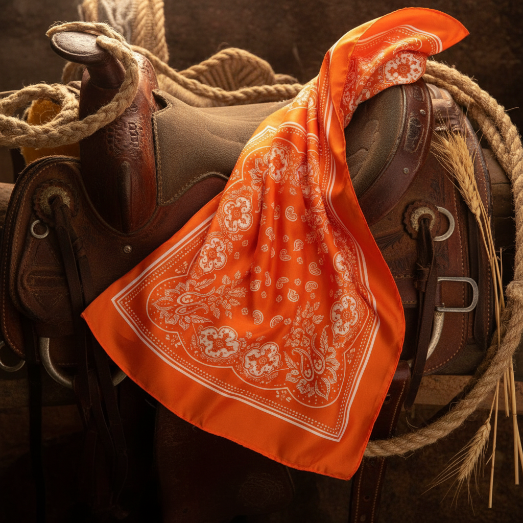 Bright orange paisley wild rag scarf draped over western saddle, rustic ranch aesthetic warm natural light