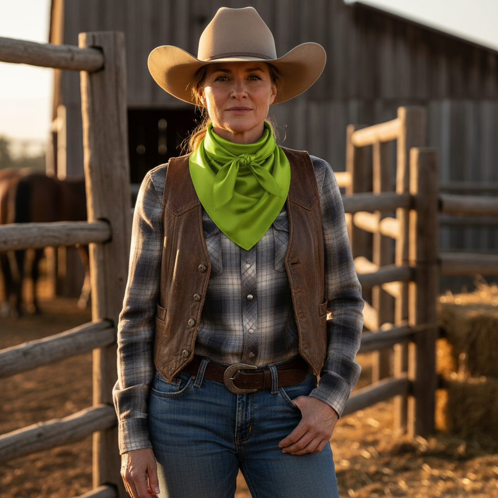 Woman wearing lime green wild rag scarf in traditional cowboy style at ranch with western wear and boots