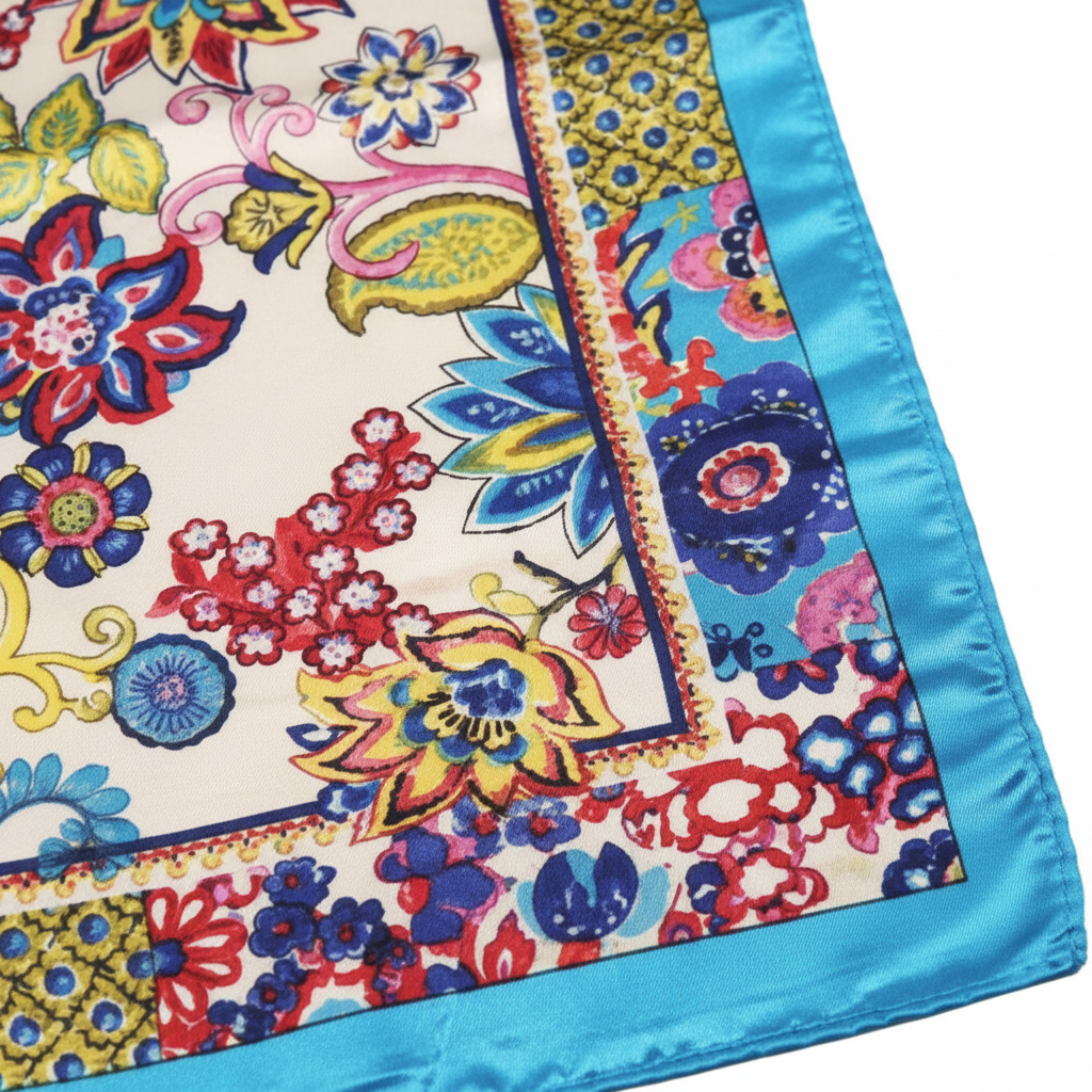 Close-up detail of blue floral bohemian satin scarf fabric showing garden flower pattern