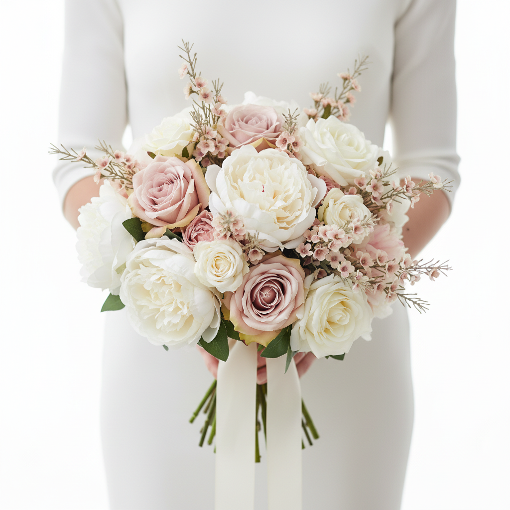 Artificial blush pink dogwood stems as filler flower in professional bridal bouquet with white and blush peonies and roses