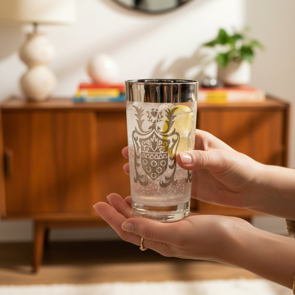 Close-up of hands holding vintage Kimiko silver coat of arms highball glass with Tom Collins cocktail in mid-century modern living room setting