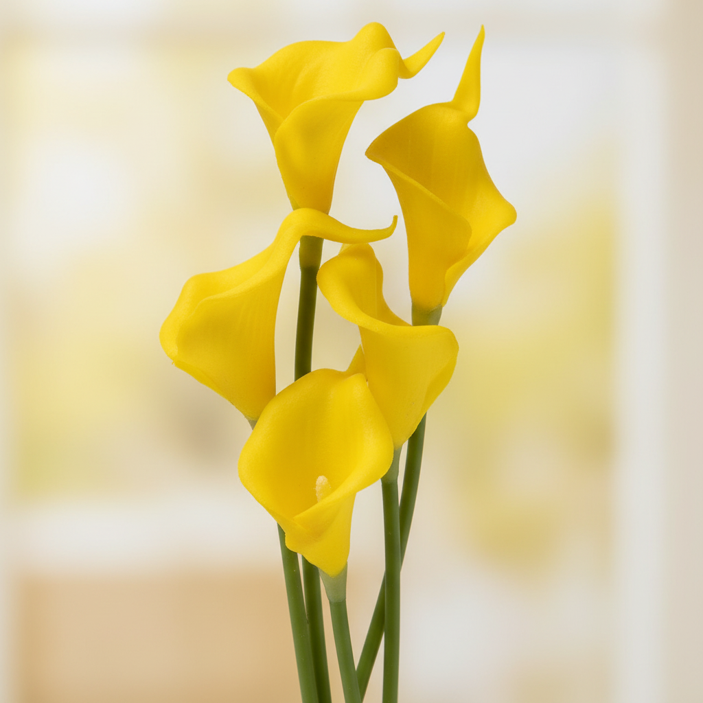 Close-up of sunny yellow faux calla lily stems showing vibrant petals and realistic flower details, premium product photography