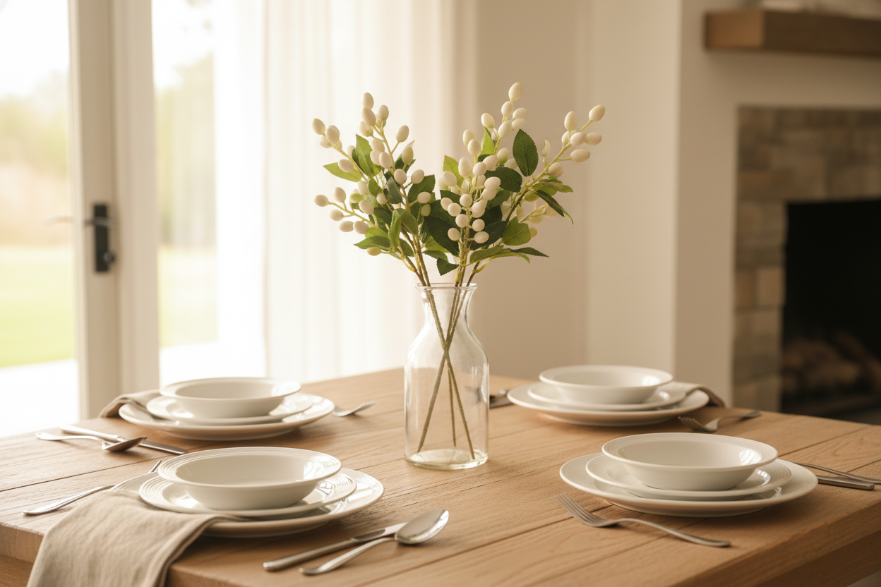 Artificial white berry stems arranged in clear glass vase on rustic wooden farmhouse dining table with neutral linens