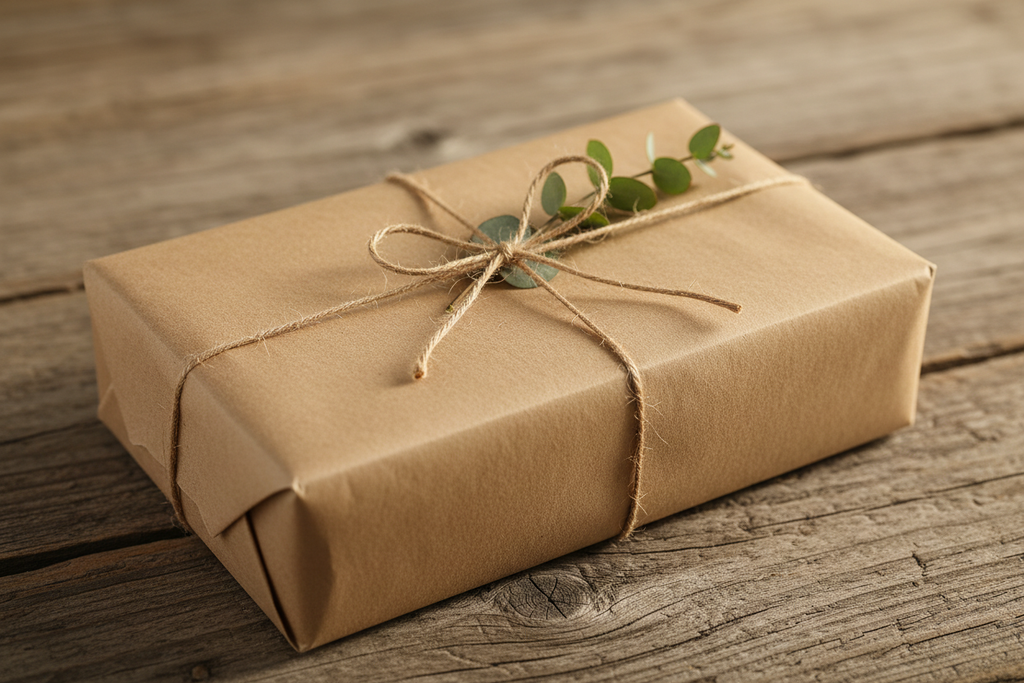 Rustic kraft paper gift wrapped with natural jute twine bow and eucalyptus sprig on weathered wood farmhouse surface