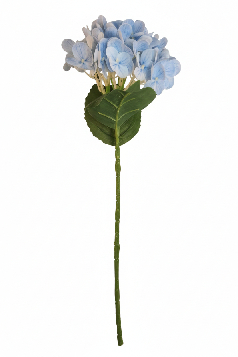 Soft blue artificial hydrangea stem silk flower on white background, full stem view for coastal wedding and cottagecore decor