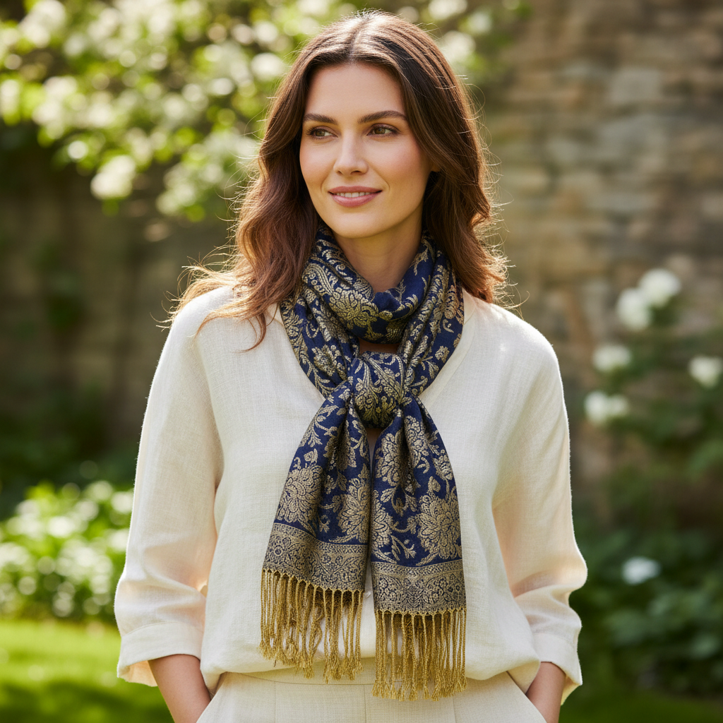 Woman wearing navy blue gold paisley jacquard scarf tied as boho neck scarf over cream blouse outdoors