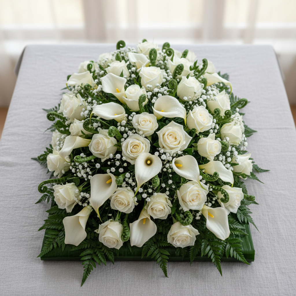 Fresh white lily and rose funeral sympathy casket spray arrangement using wet floral foam blocks completely covered with flowers and foliage