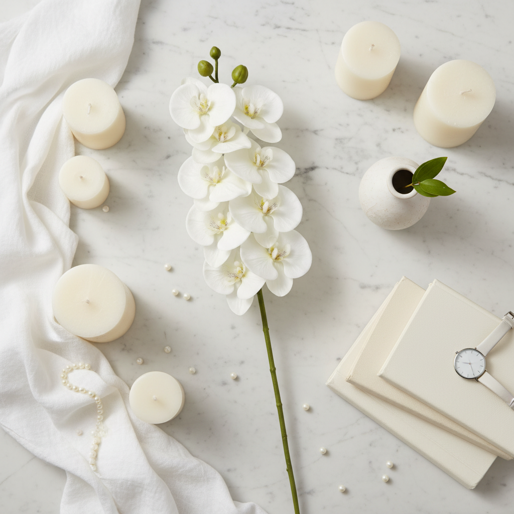 Flat lay editorial of ivory white artificial orchid stem on white marble with cream candles and linen, luxury home decor styling