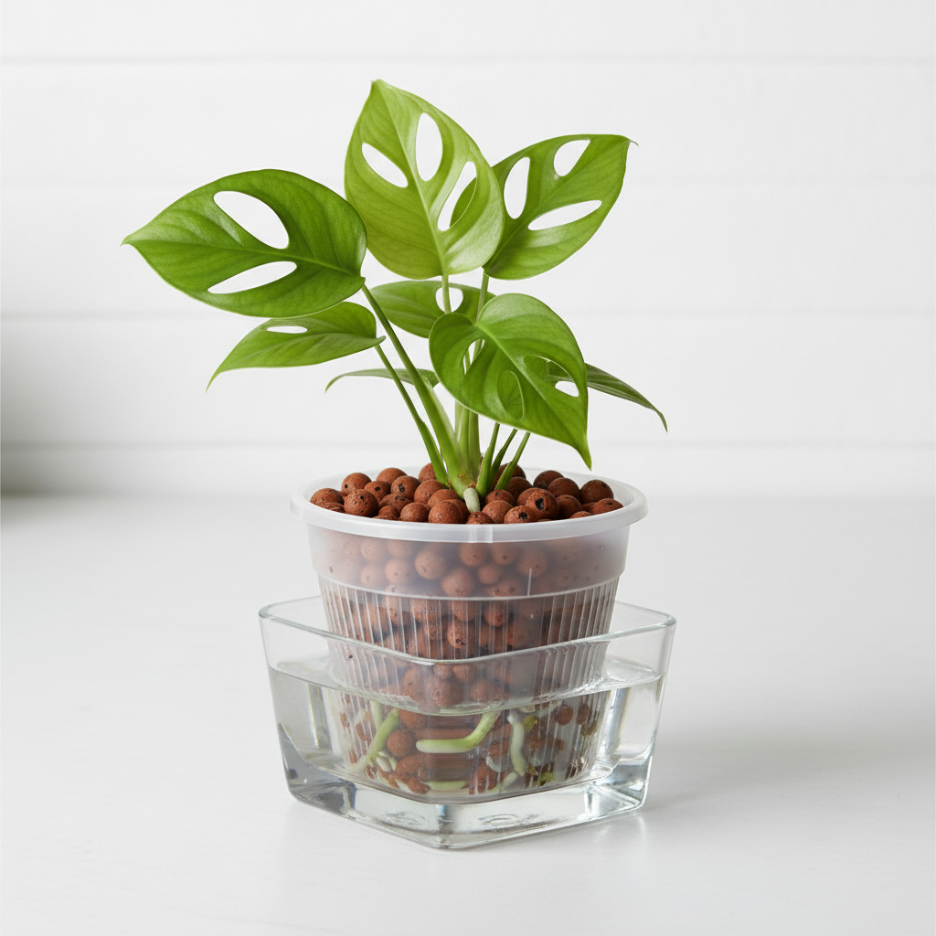 Clear 4 inch slotted orchid pot with open air slits filled with LECA clay pebbles in a semi-hydro setup with aroid plant