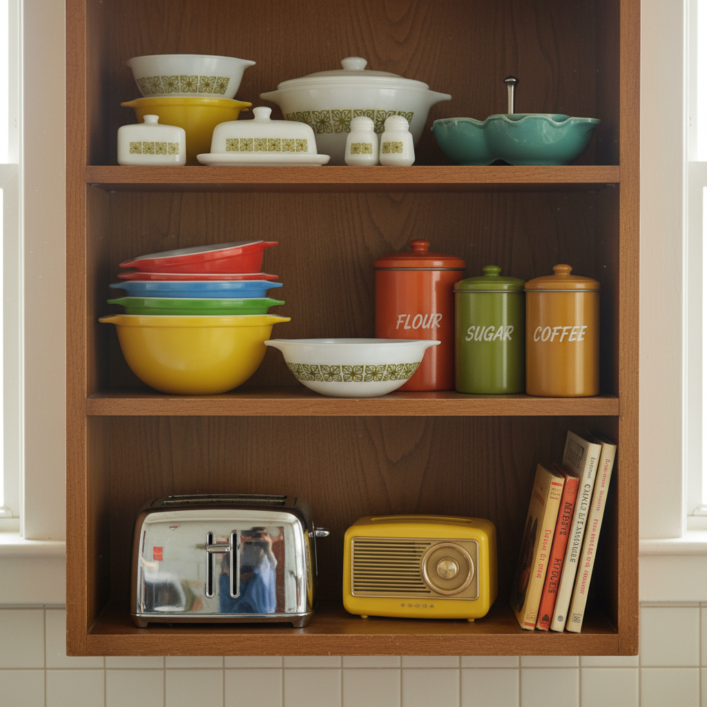 Vintage Pyrex 444 bowl displayed on wooden shelf with mid century kitchen collectibles and retro decor