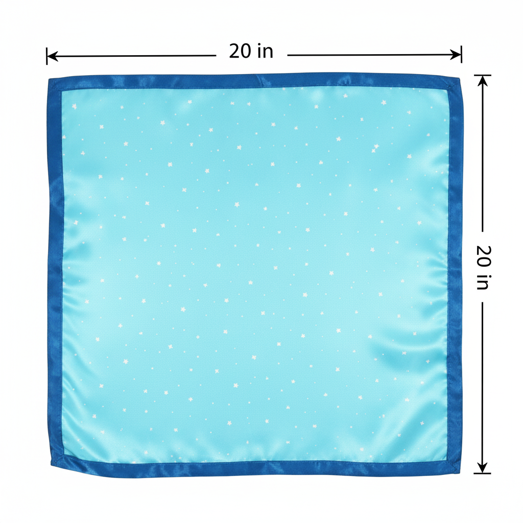 Measurement diagram showing turquoise blue star print square scarf dimensions 20 x 20 inches