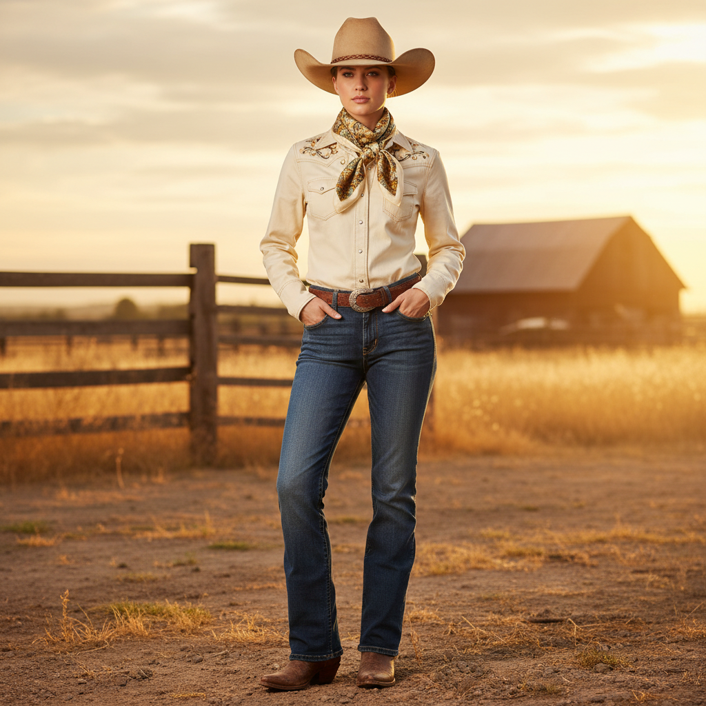 Woman wearing cream ivory gold paisley satin scarf as western wild rag tied at neck with cowboy hat – rustic western style