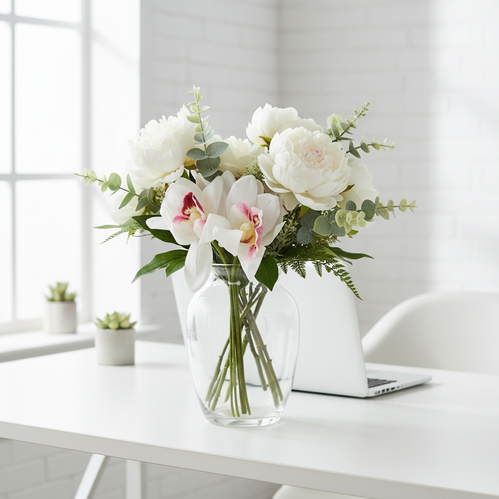 Artificial white Cymbidium orchid bouquet mixed with white peonies and greenery in a glass vase on a minimalist home office desk