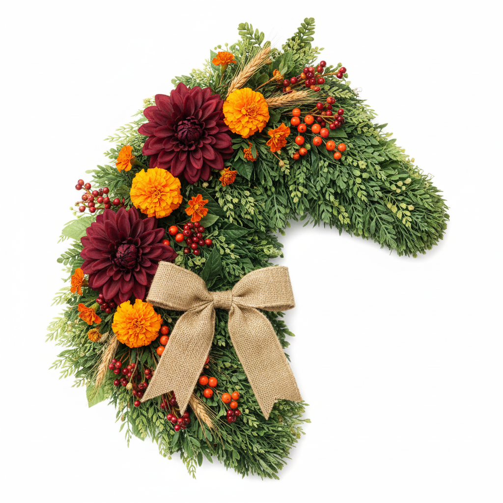 Horse head shaped wreath made with boxwood greenery burgundy dahlias orange marigolds red berries and burlap bow fall harvest decor