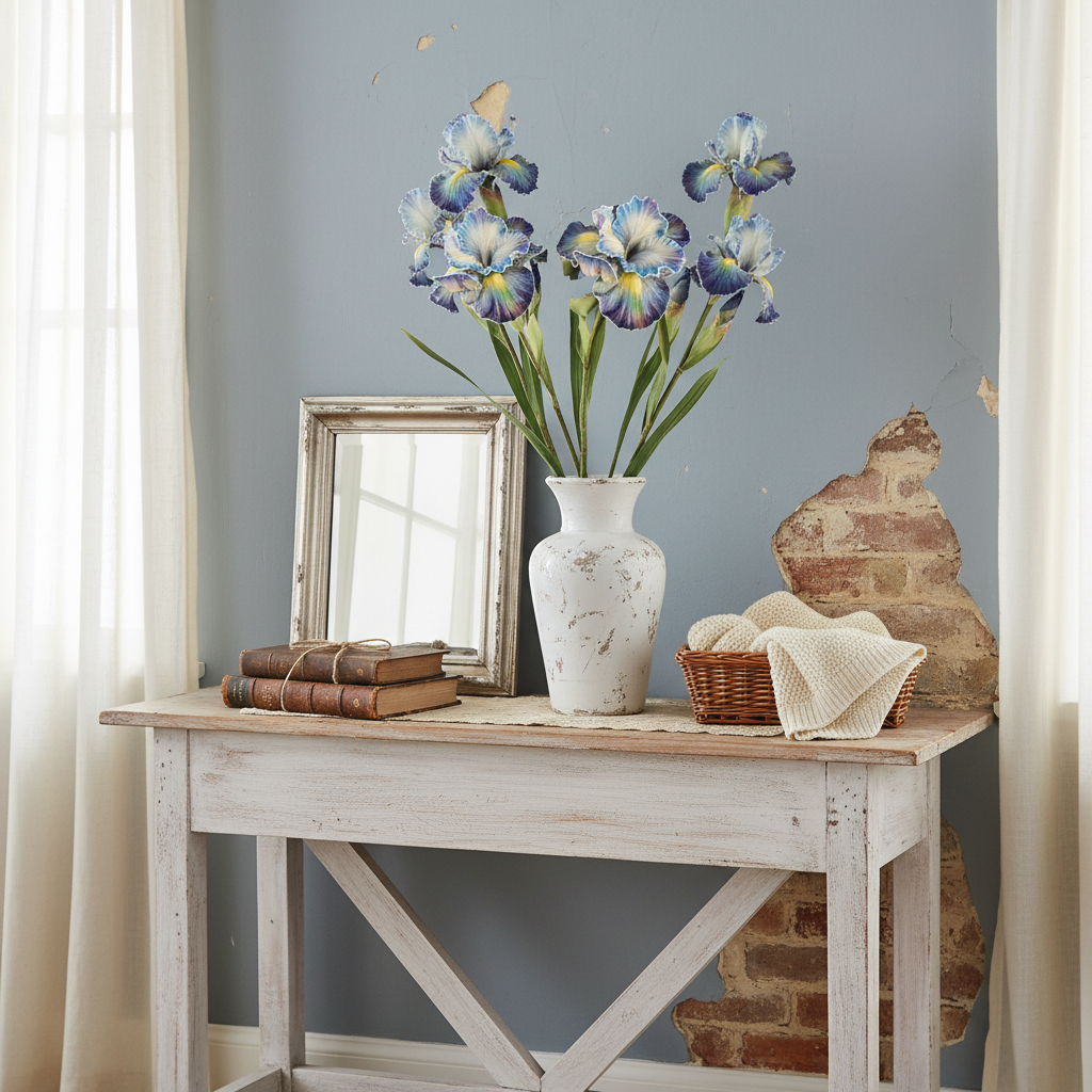 Artificial blue iris in distressed white vase, shabby chic French country cottage home decor, proportional medium-height stems with tiny blooms
