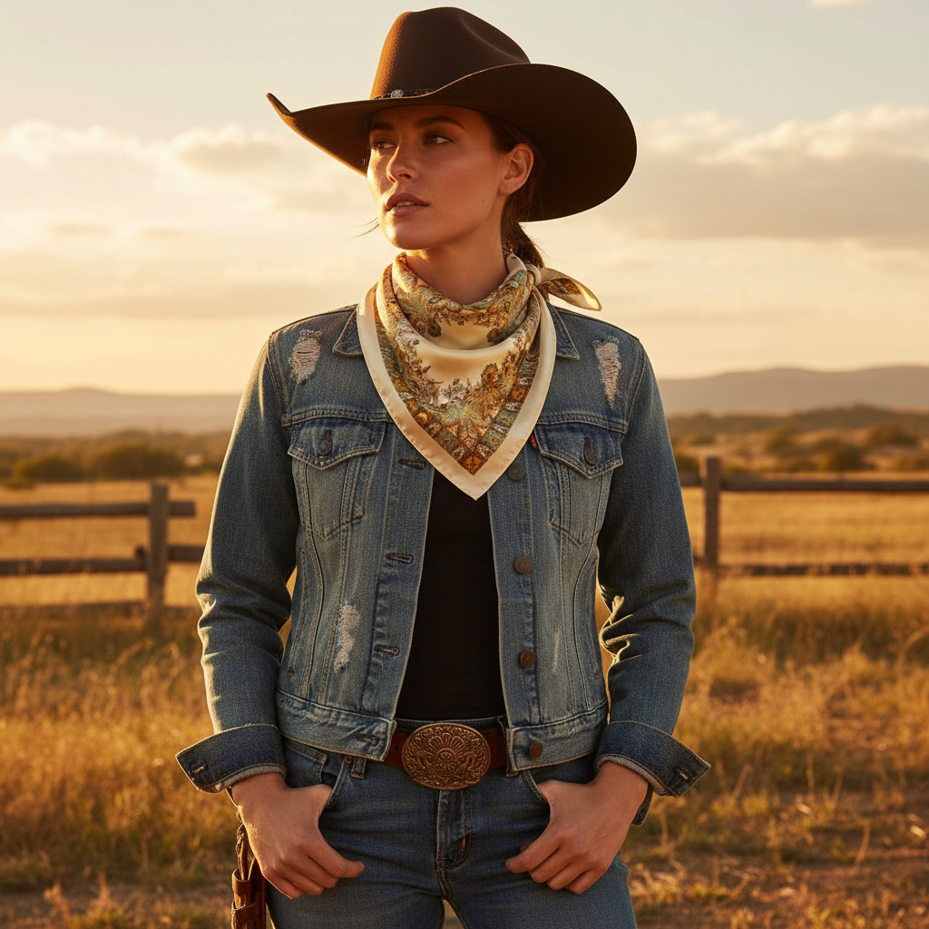 Woman wearing cream gold sage green paisley satin scarf as a western neck bandana with cowboy hat – rodeo and ranch wear styling