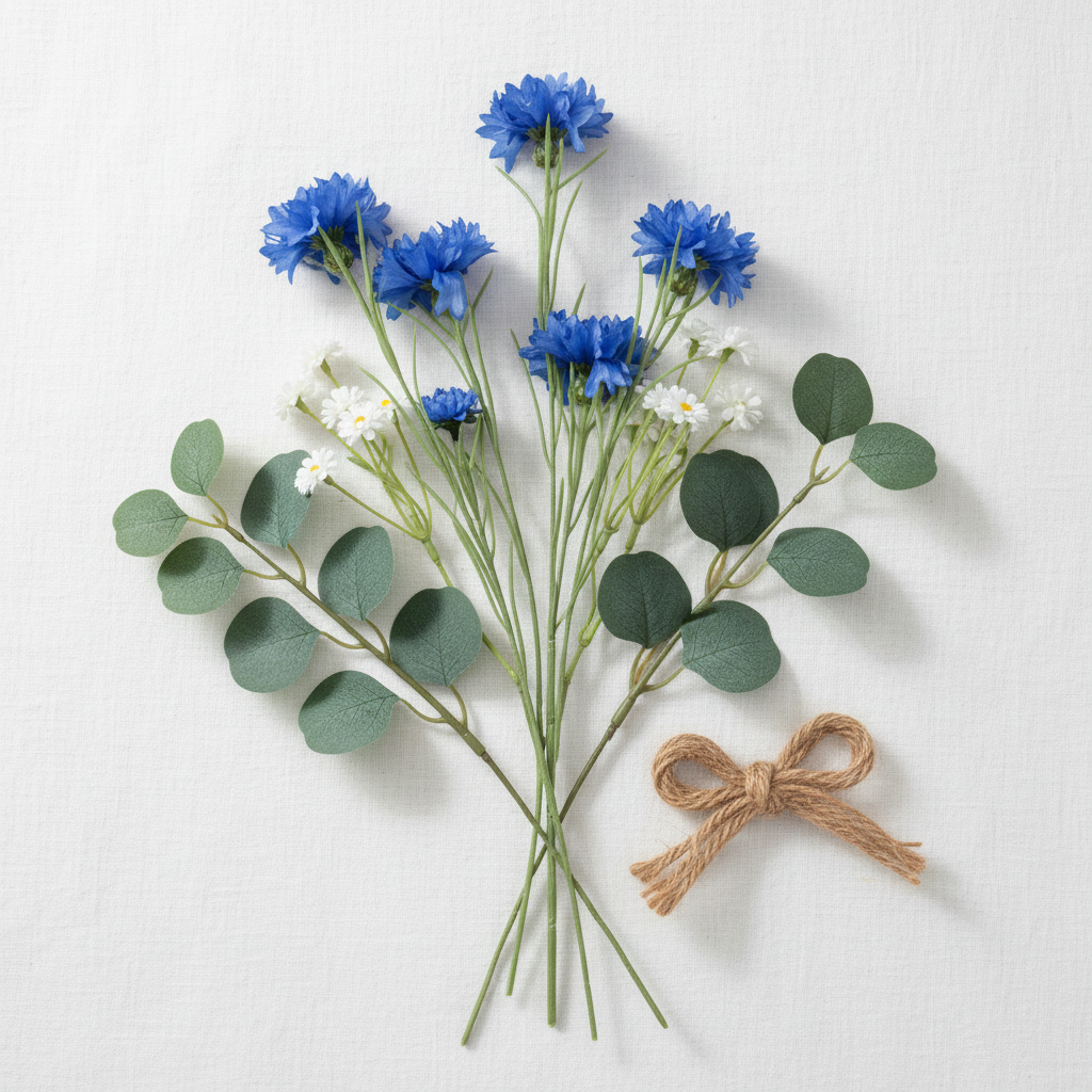Flat lay of artificial blue cornflower stems with white flowers and eucalyptus on white linen surface