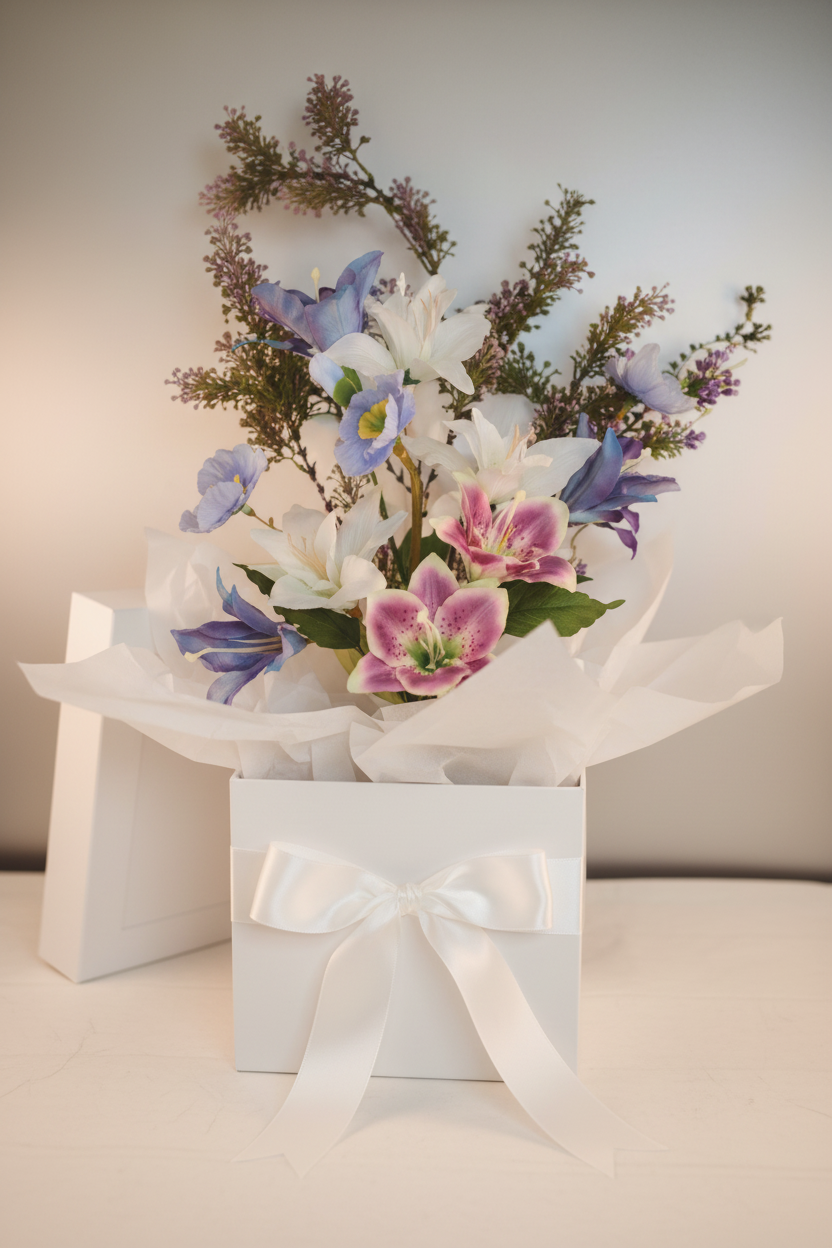 Beautiful gift box containing pastel artificial flower bouquet with poppies and lilies elegant presentation