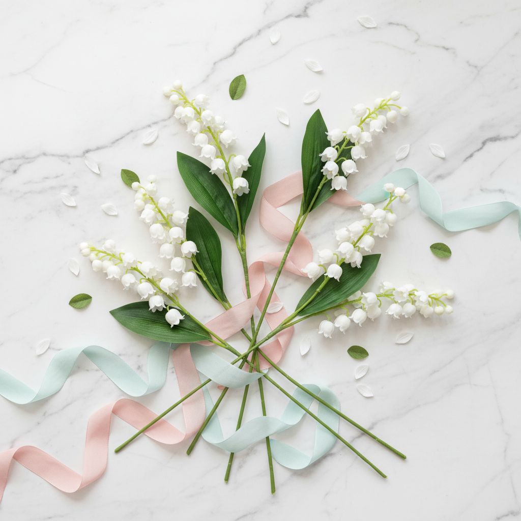 Spring flat lay of artificial lily of the valley flowers with white petals and ribbon on white marble surface