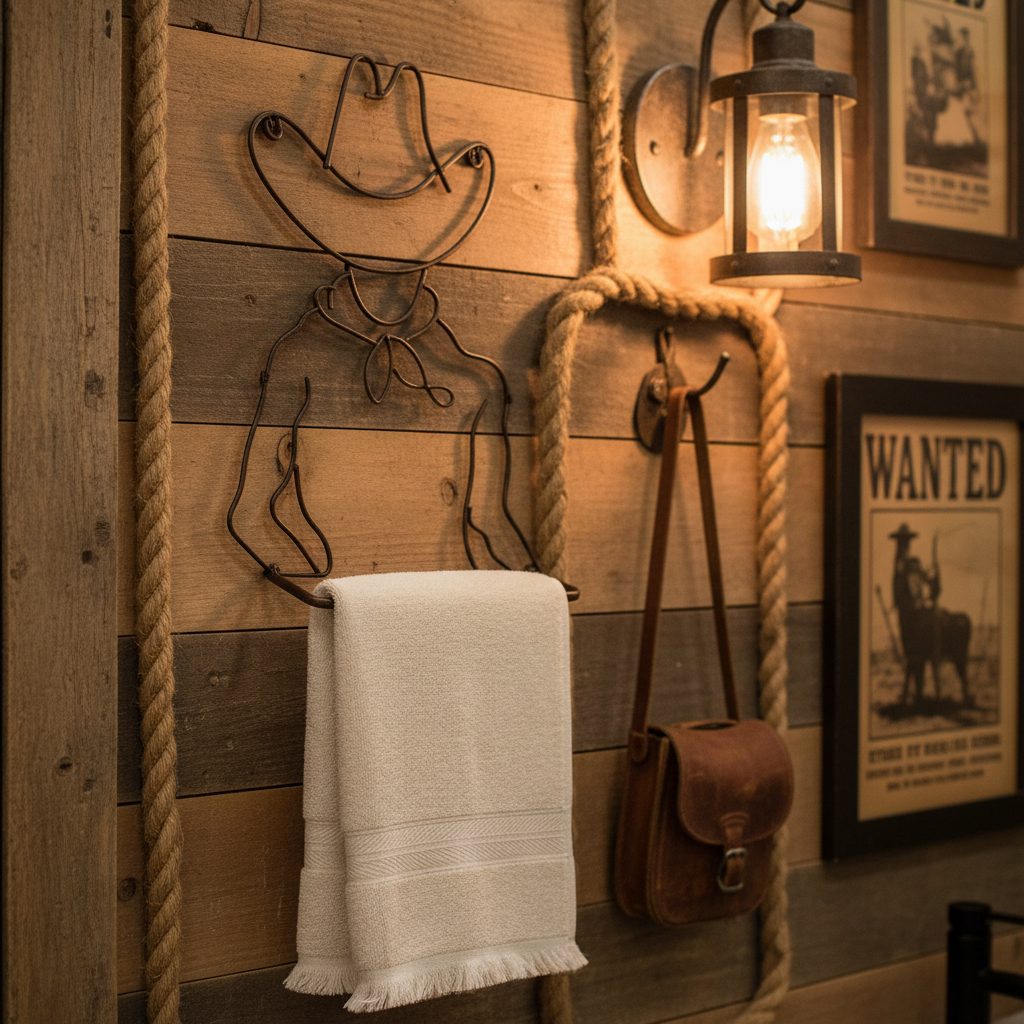 Brown western cowboy hat towel holder with white towel in rustic ranch bathroom, 23x15 inches