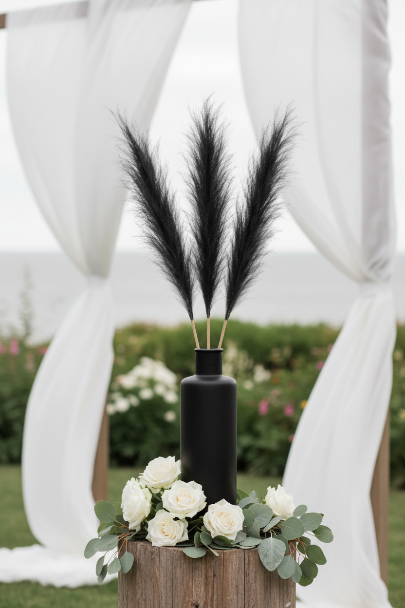 Three midnight black faux pampas grass stems with wispy feathery plumes in a tall matte black vase at an outdoor luxury wedding ceremony, paired with white roses and silver dollar eucalyptus, garden backdrop