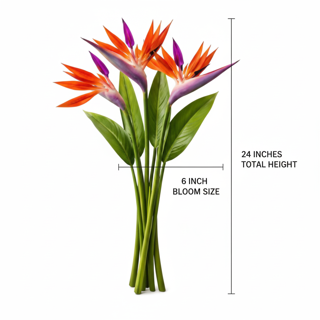 Product measurement diagram showing 3 artificial Bird of Paradise stems standing upright at 24 inches tall with 6 inch blooms