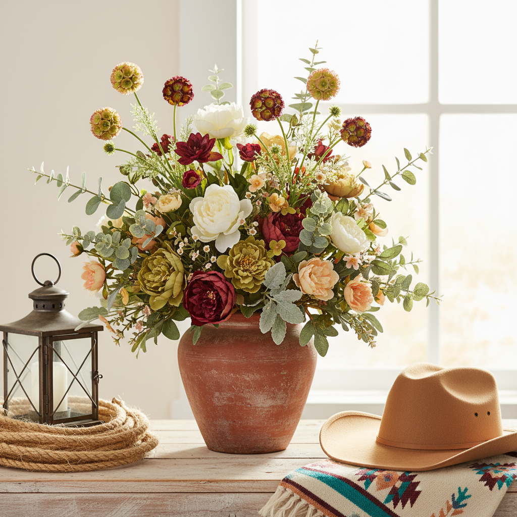 Faux green blush burgundy scabiosa pincushion flower stems tucked into a rustic western wildflower arrangement in a terracotta vase with rope coil, vintage lantern, and cowboy hat on weathered wood