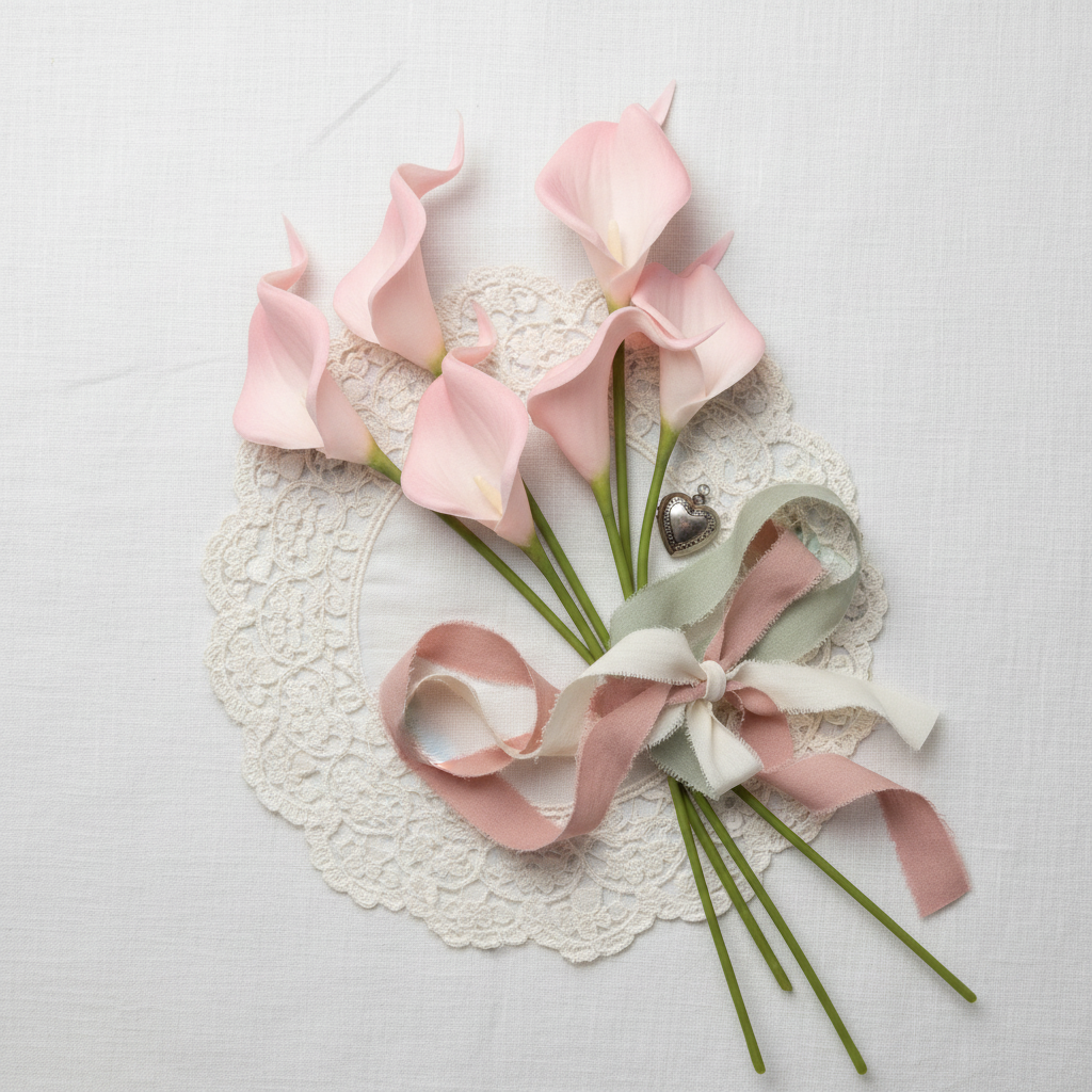 Flat lay of blush pink faux calla lily stems on white linen with lace doily and vintage ribbon, shabby chic styling