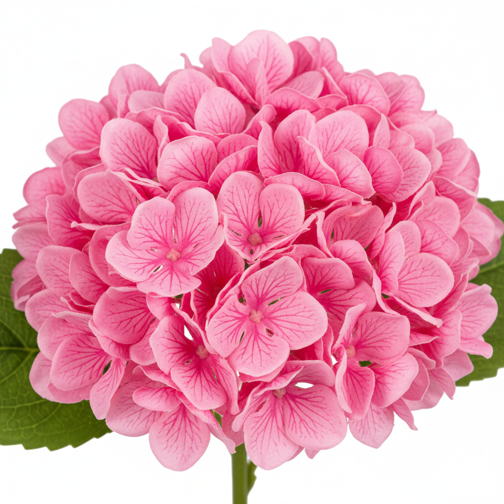 Close-up detail of pink artificial hydrangea bloom showing layered petals with hot pink veining and realistic texture