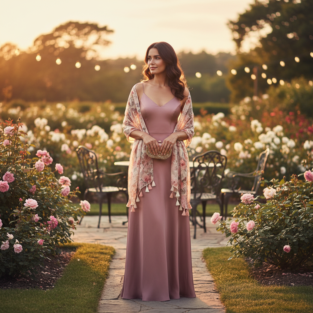 Elegant woman wearing blush pink floral scarf as evening wrap at outdoor garden party, golden hour lighting
