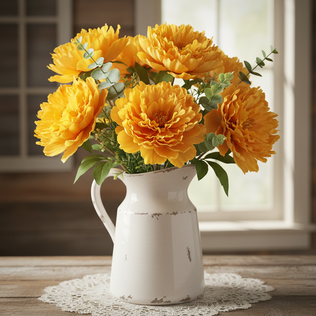 Golden yellow peony flower picks arranged in a white distressed ceramic pitcher with greenery on a shiplap wood surface, farmhouse cottage styling