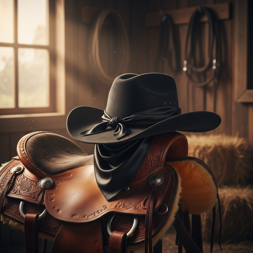Black bandana scarf tied around cowgirl hat on vintage Western saddle