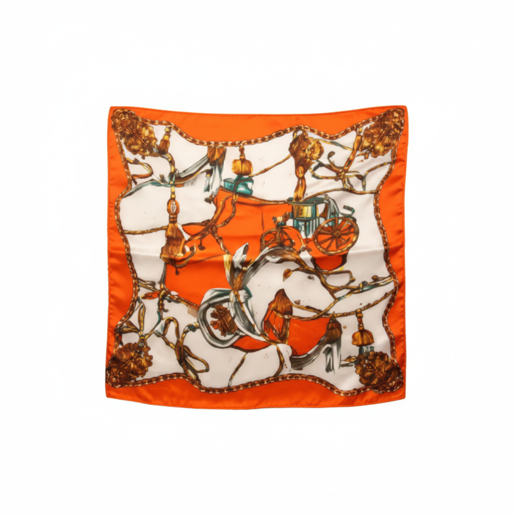 Orange Equestrian Horse Chain Satin Scarf 20x20 Square Scarf with Brown White Border on White Background