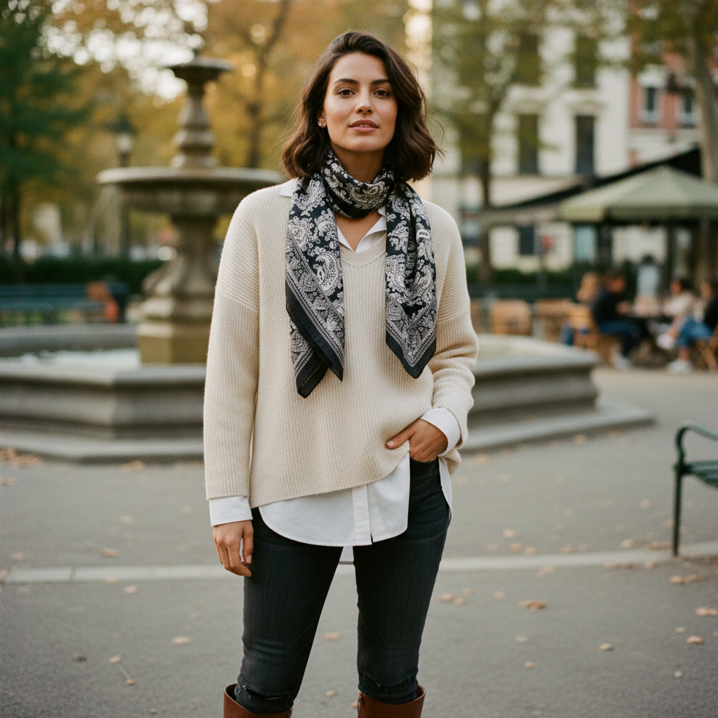 Woman wearing black and white paisley satin square scarf as a neck scarf, elegant casual outfit