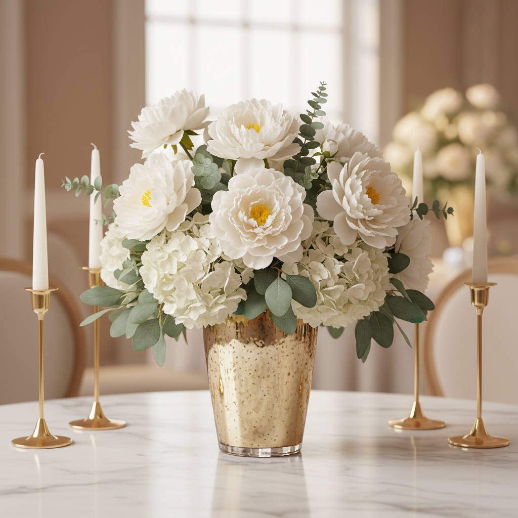 White artificial peony blooms mixed with hydrangeas and eucalyptus in elegant gold vase wedding centerpiece on marble table