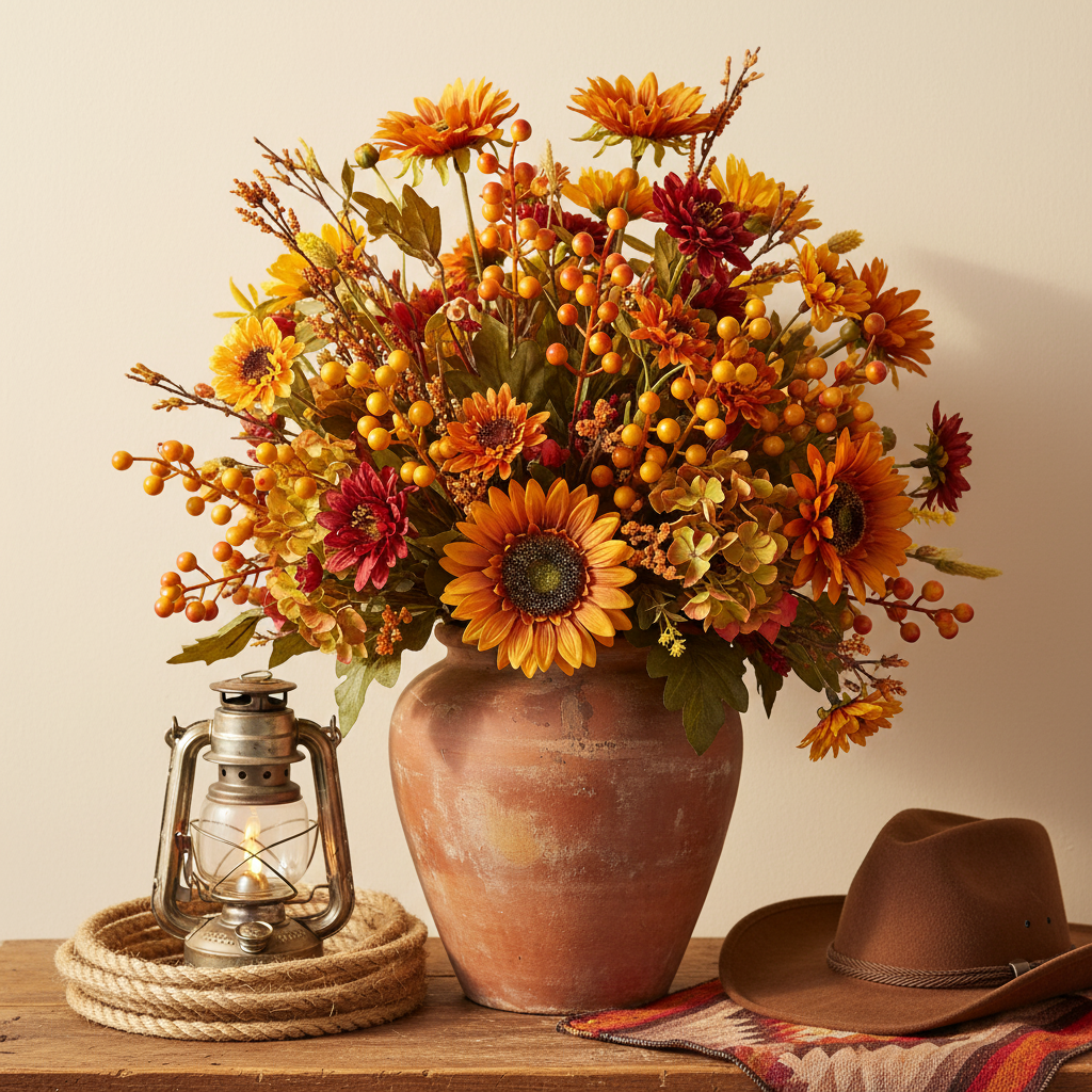 Three orange and yellow faux fall berry stems tucked into a rustic western floral arrangement in a terracotta vase with rope, lantern, and cowboy hat accents