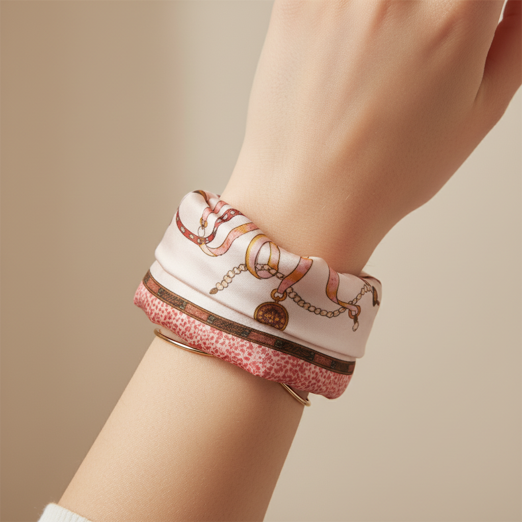 Pink medallion satin scarf wrapped around wrist as bracelet-style accessory