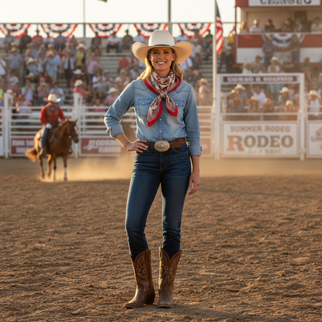 Woman wearing red paisley satin wild rag scarf at summer rodeo western cowgirl outfit
