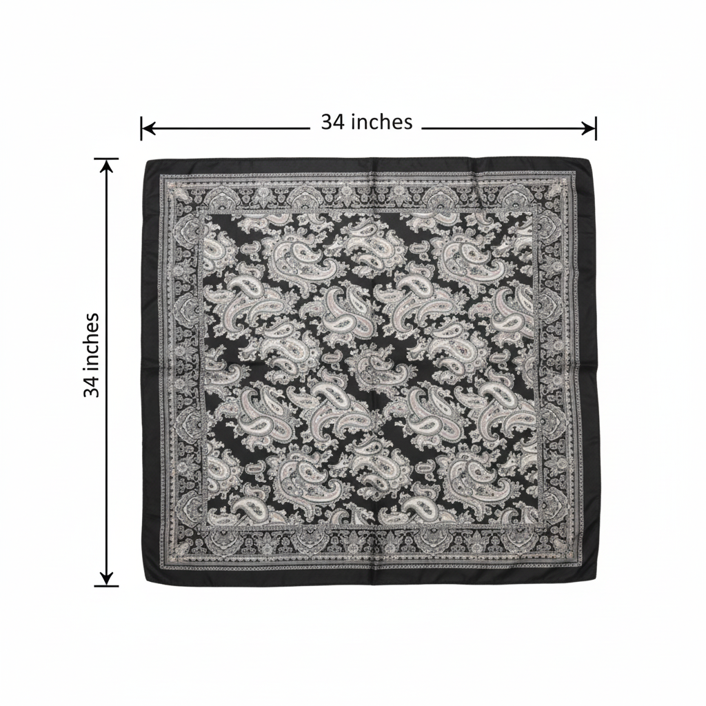 Black and white paisley satin square scarf measurement diagram showing 34 inches by 34 inches dimensions flat lay on white background