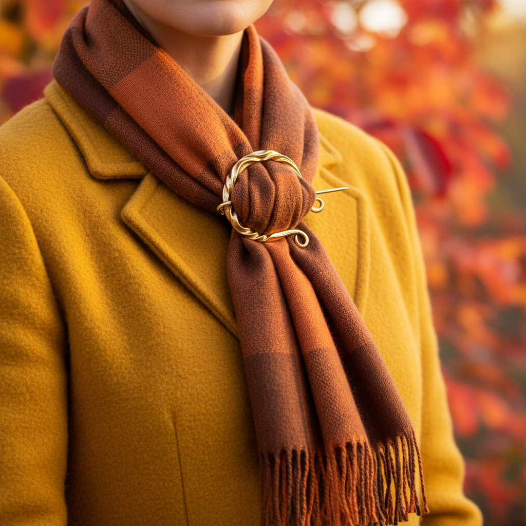 Gold vine brooch pin securing burnt orange plaid scarf on mustard wool jacket, autumn fall foliage setting