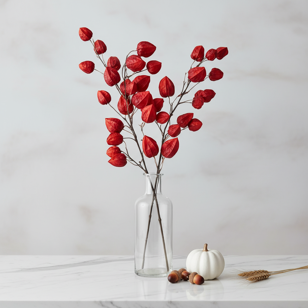 Red burgundy Chinese lantern stems in tall glass vase on white marble countertop with modern fall decor