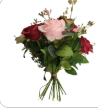 Bouquet of flowers with red and pink roses and green leaves.
