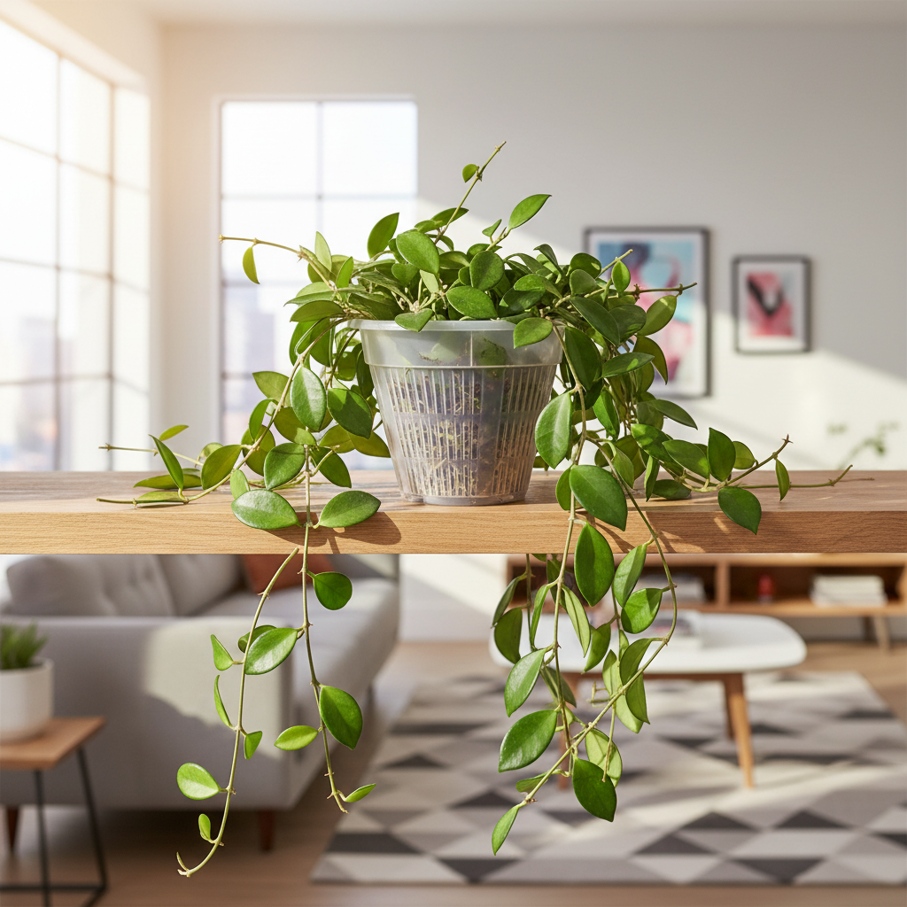 Clear 7 inch slotted orchid pot with open ventilation slits holding a large trailing hoya plant on a wooden living room shelf