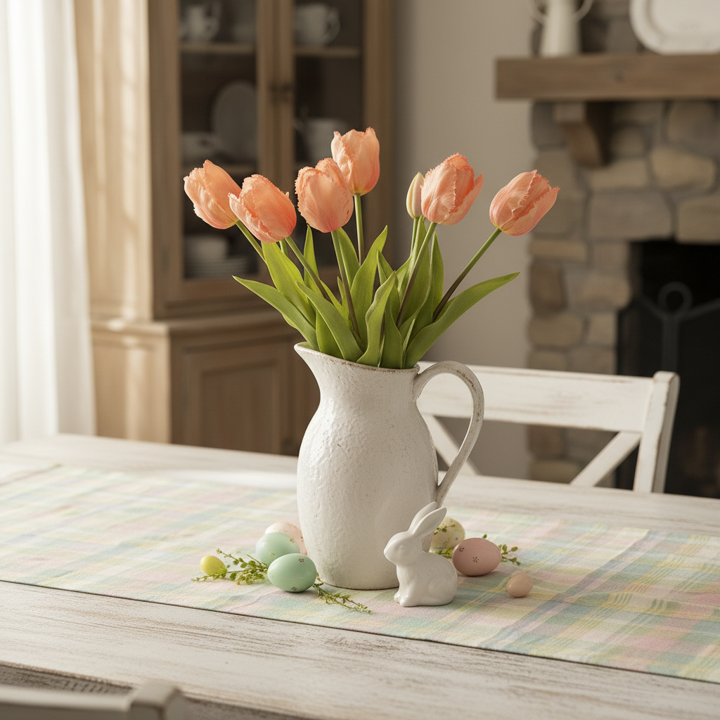 Peach coral artificial tulips in white ceramic pitcher - Easter brunch table centerpiece