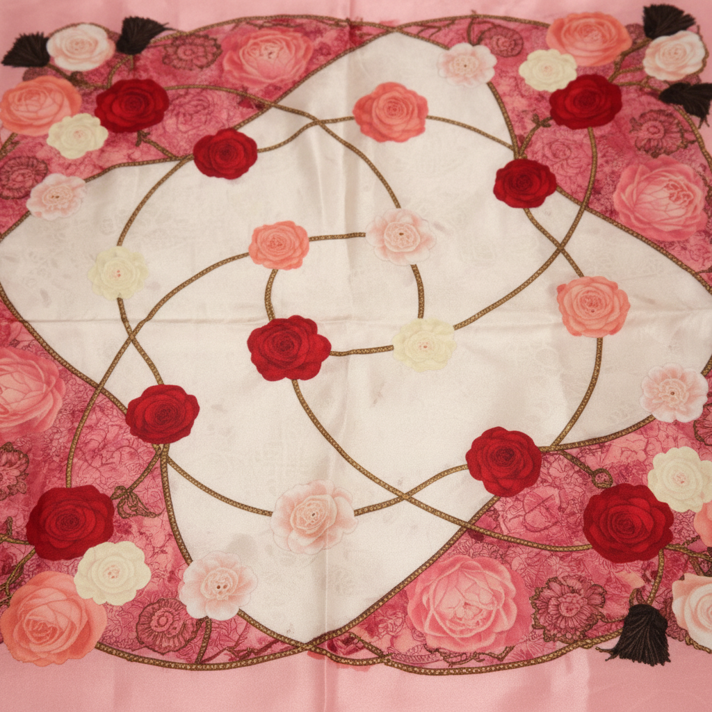 Close-up detail of red rose floral satin fabric with romantic rose pattern and pink coral border