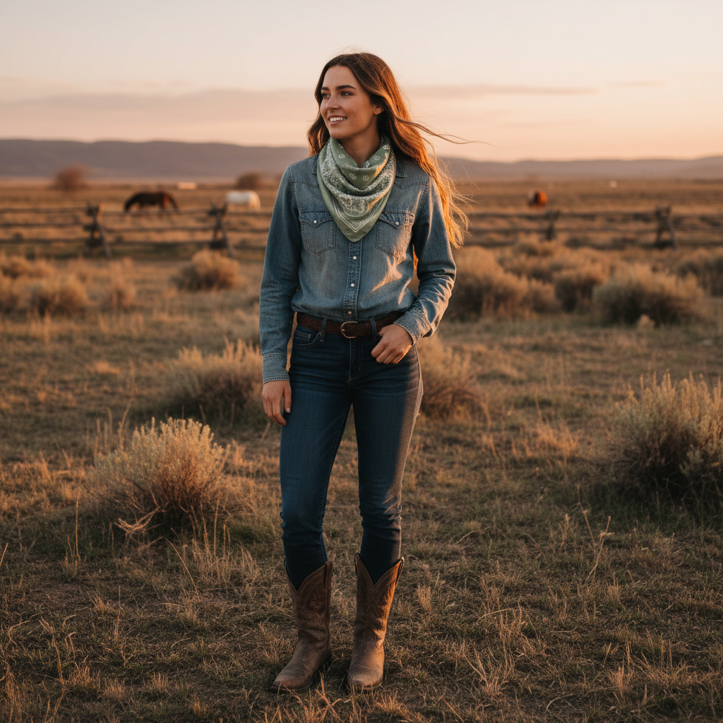Woman wearing sage green paisley wild rag scarf tied around neck at ranch, western cowgirl style golden hour
