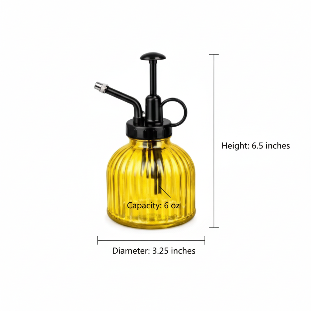 Measurement diagram of yellow ribbed glass plant mister showing 6.5 inches height, 3.25 inches diameter, 6oz capacity with black dimension lines